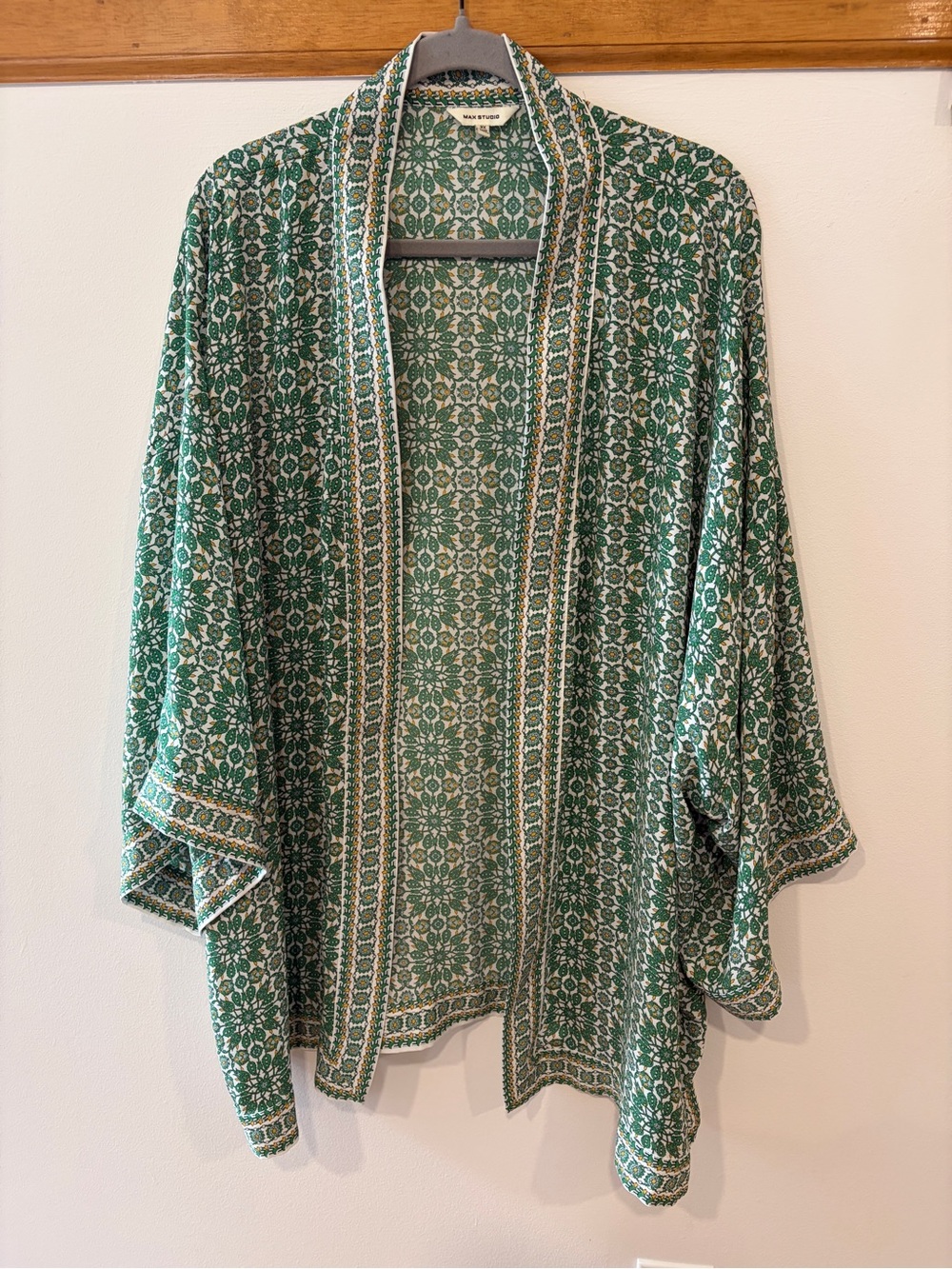 Max Studio Green and Yellow Floral Printed Open-Front Lightweight Shawl Jacket